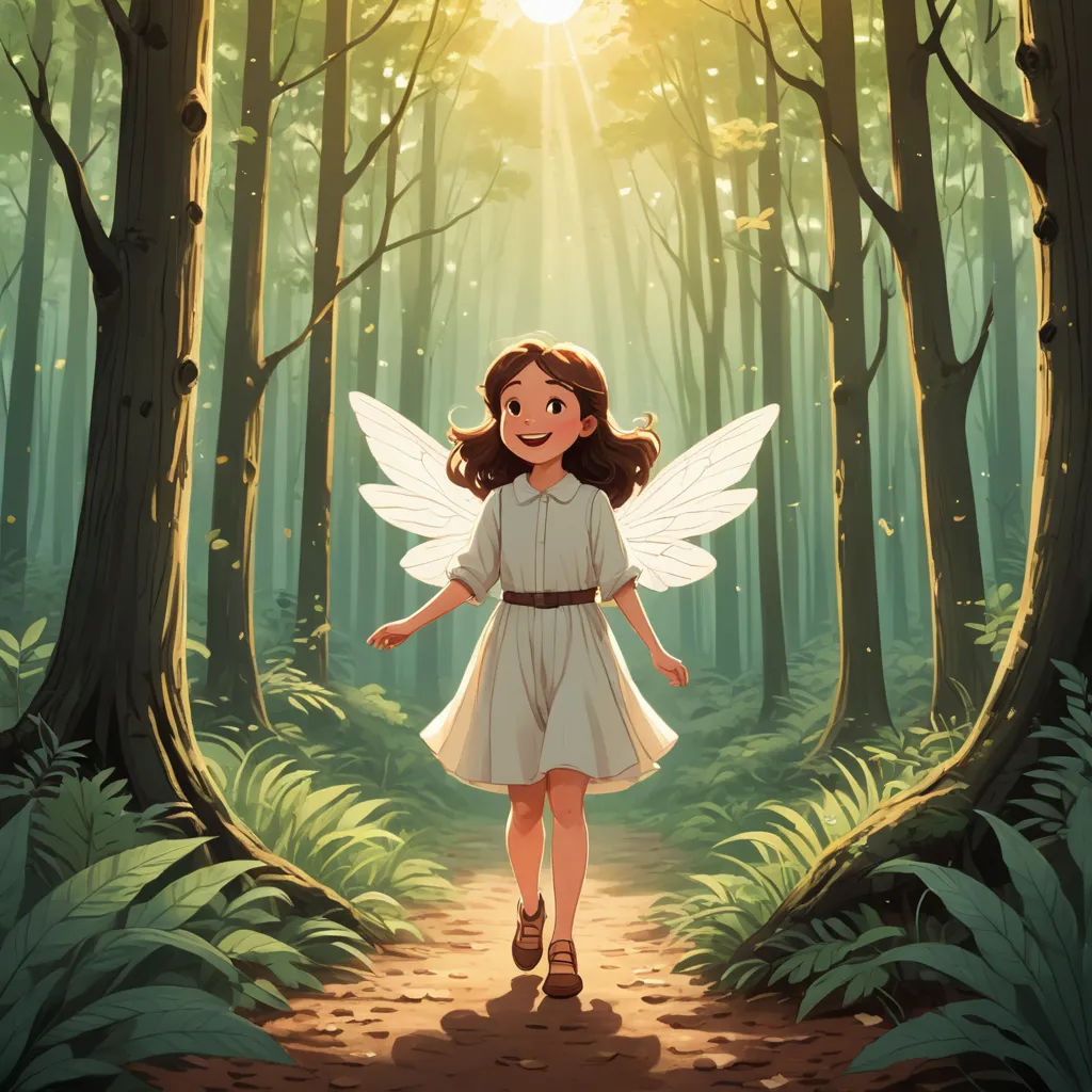 a little girl dressed in white is walking through a forest with a sun shining through the trees behind her, magical realism, a storybook illustration, Cliff Childs, rossdraws global illumination