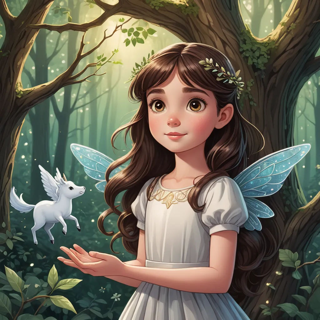 a little girl in a white dress holding a white unicorn in a forest with trees and leaves on the ground, fantasy art, a storybook illustration, Anne Stokes, storybook illustration