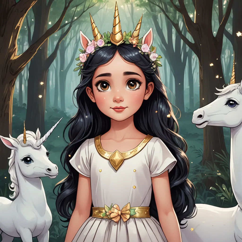 a girl in a white dress standing next to two unicorns in a forest with trees and stars on their heads, fantasy art, a character portrait, Alice Prin, fantasy illustration