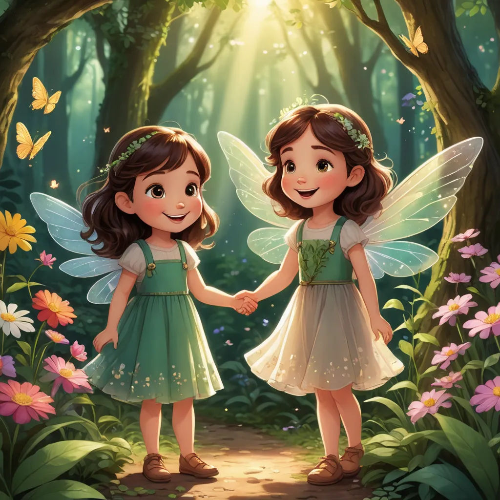 two little girls are holding hands in the woods with flowers and butterflies around them, and a butterfly is on the ground, fantasy art, a storybook illustration, Chris Rallis, storybook illustration