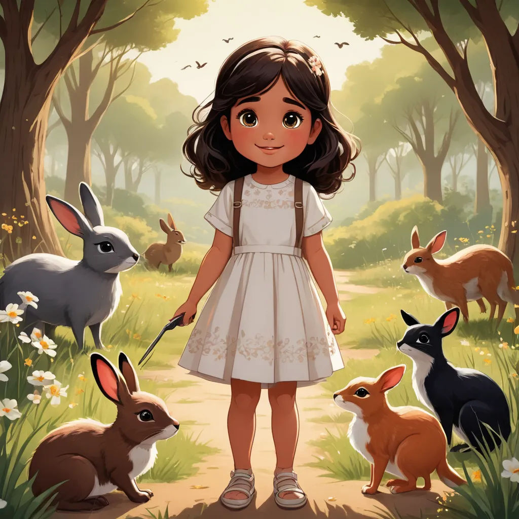 a little girl standing in a forest with rabbits and rabbits around her, and a forest scene behind her, magical realism, a storybook illustration, Clarice Beckett, official art