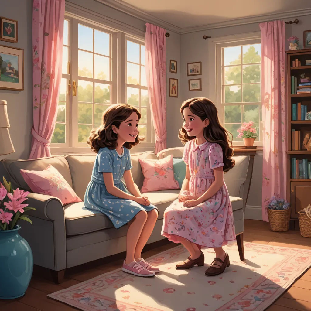 two girls sitting on a couch in a living room talking to each other and smiling at each other's eyes, american scene painting, a storybook illustration, Brothers Hildebrandt, storybook illustration