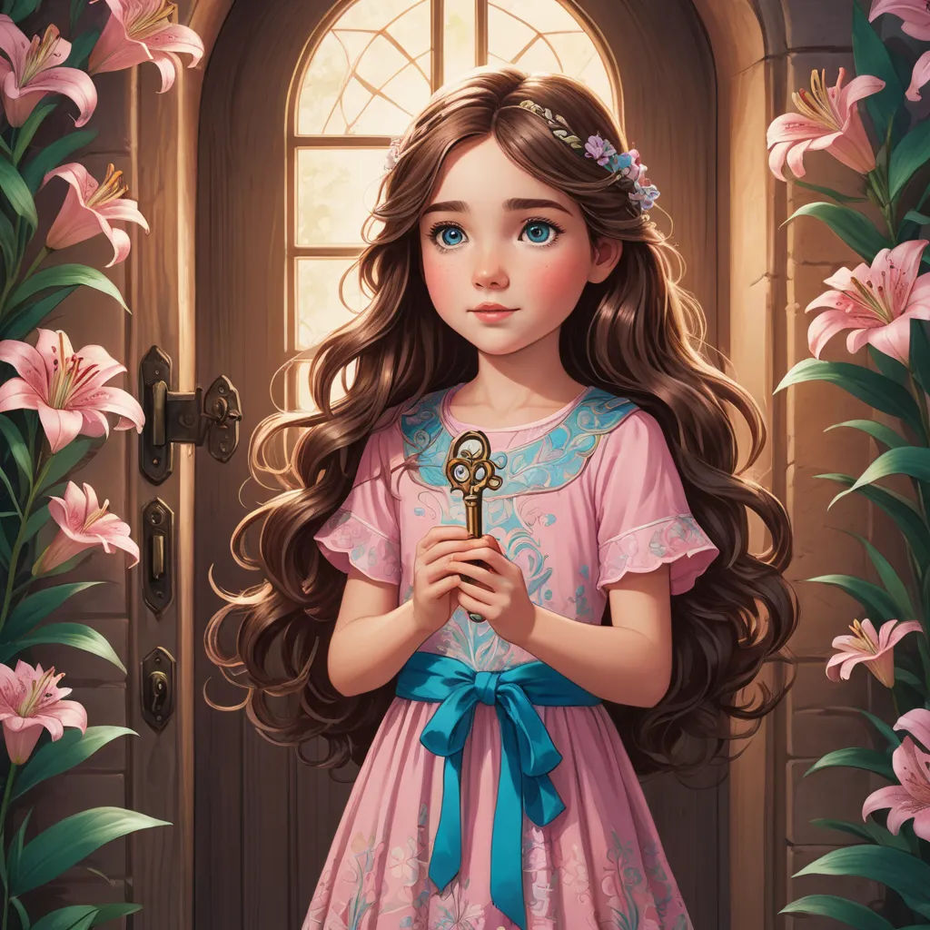 a painting of a little girl holding a key in front of a door with pink flowers around her and a pink dress, fantasy art, a storybook illustration, Clarice Beckett, kinkade