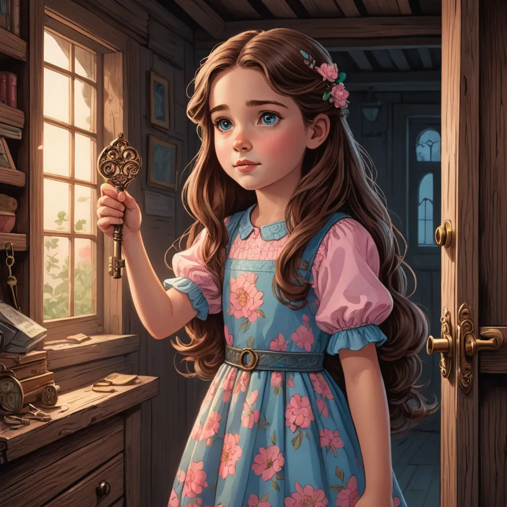 a painting of a girl holding a key to a window with a bookcase in the background and a book on the shelf, fantasy art, a storybook illustration, Clarice Beckett, storybook illustration