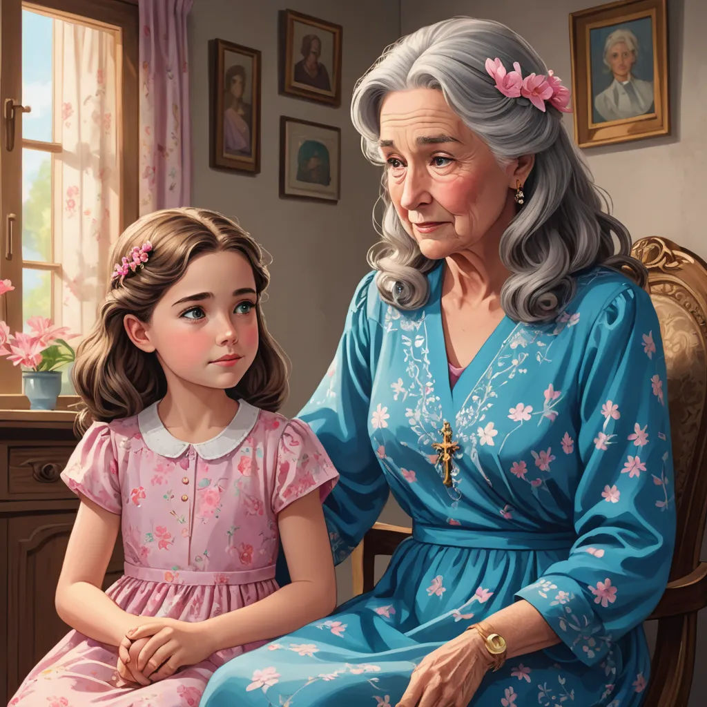 a painting of a woman and a girl sitting in a chair together, with a picture of a woman in the background, american scene painting, a storybook illustration, Bob Byerley, storybook illustration