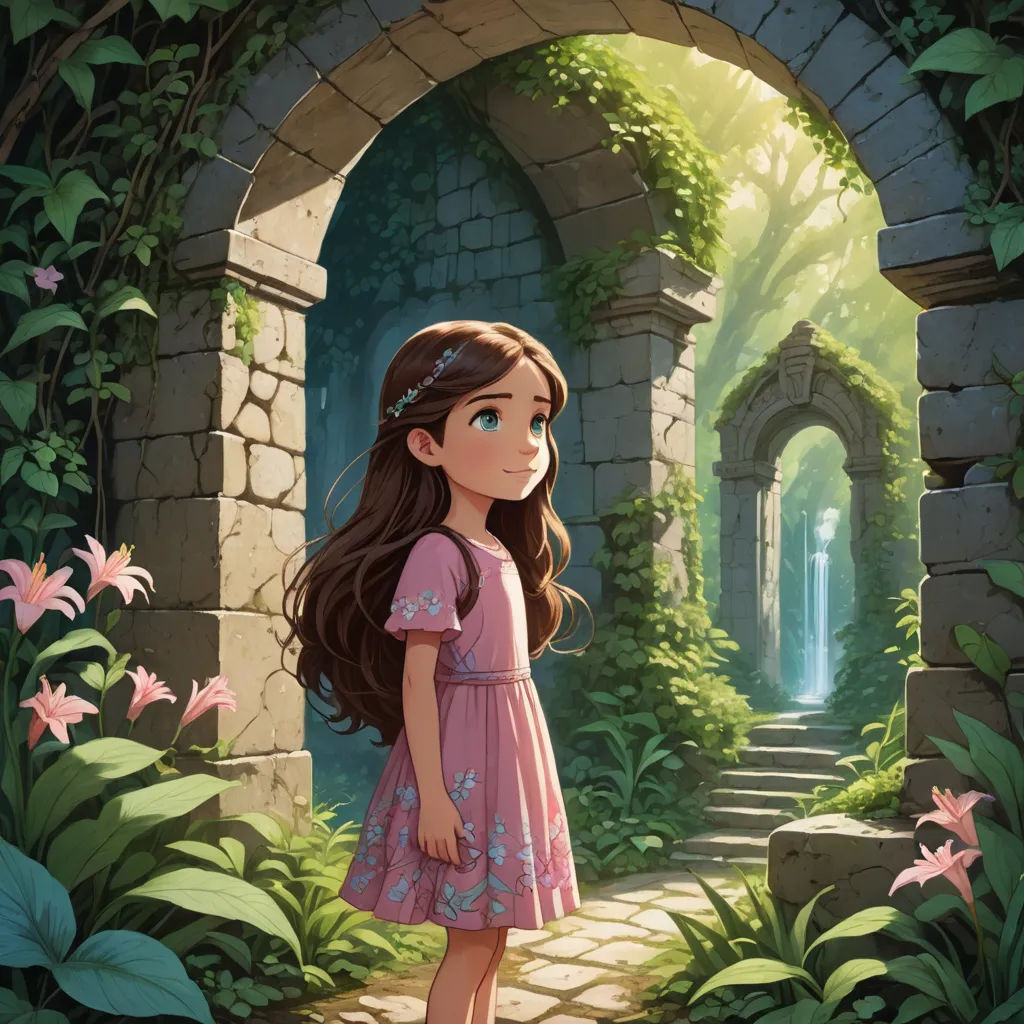 a girl in a pink dress standing in front of a doorway with a light coming through it and flowers around her, fantasy art, a storybook illustration, Cliff Childs, rossdraws global illumination