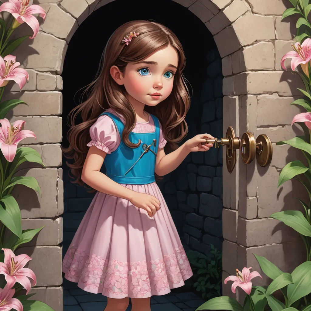 a little girl in a dress holding a key to a castle door with pink flowers around her and a brick archway, fantasy art, a storybook illustration, Clarice Beckett, storybook illustration
