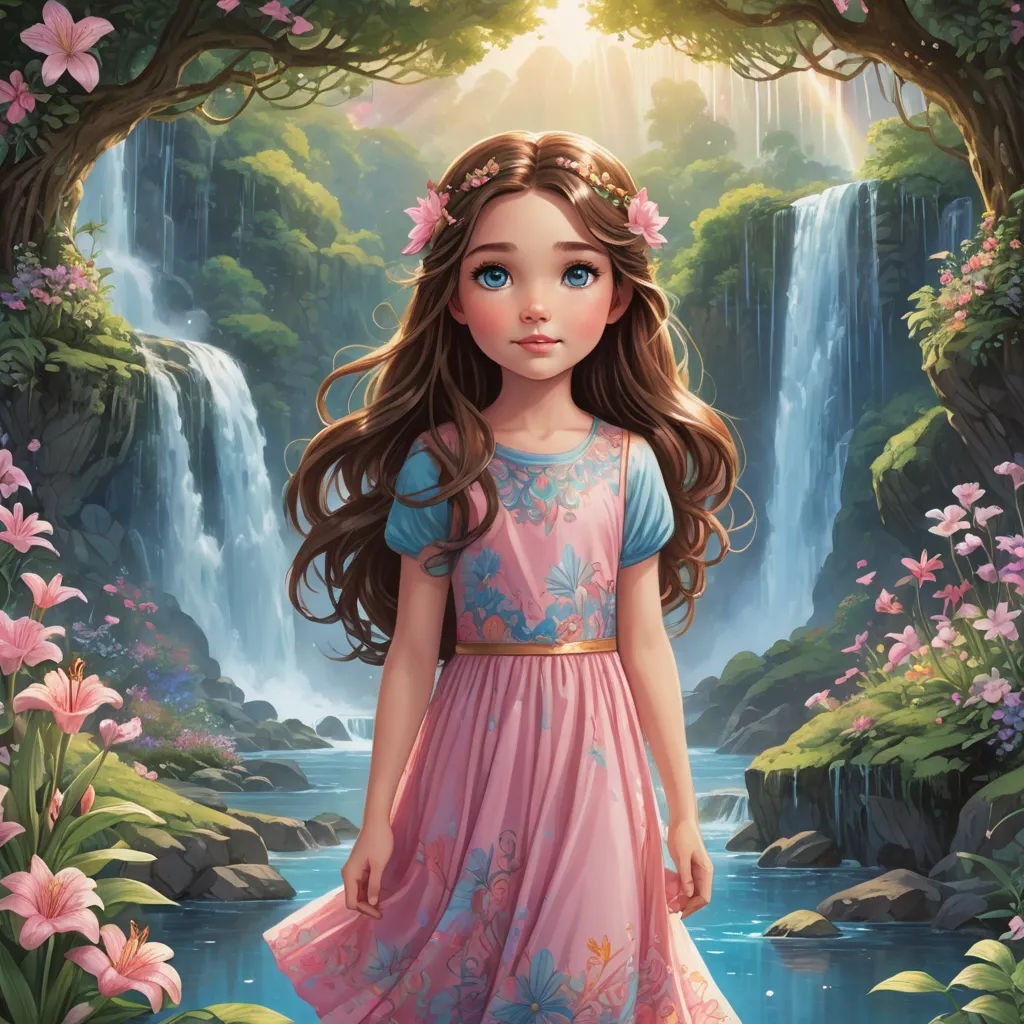 a painting of a girl in a pink dress standing in front of a waterfall with flowers in her hair, fantasy art, a storybook illustration, Anne Stokes, kinkade
