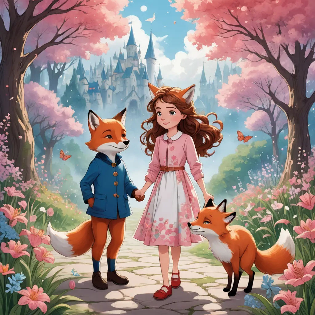 a girl and a boy are standing in front of a castle with a fox and a fox in front of them, fantasy art, a storybook illustration, Beatrix Potter, official art