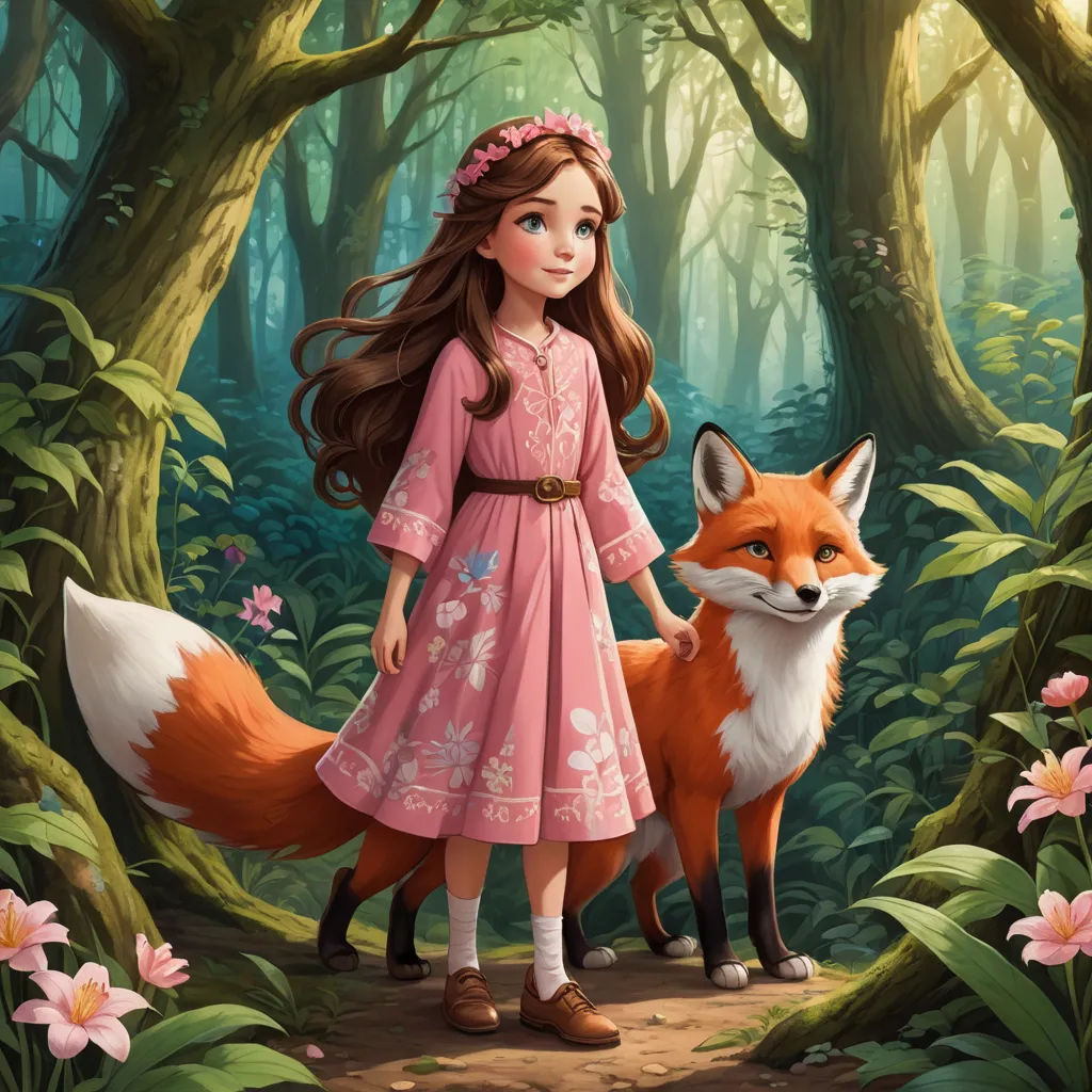a girl in a pink dress standing in a forest with a fox in front of her and a pink flower in the foreground, fantasy art, a storybook illustration, Clarice Beckett, storybook illustration