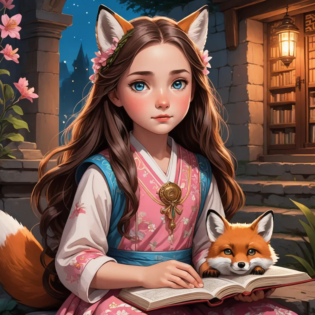 a girl in a pink dress is holding a book and a fox is sitting on the ground in front of her, fantasy art, a storybook illustration, Art of Brom, kinkade