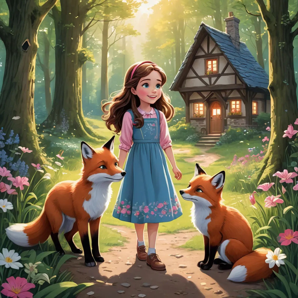 a little girl standing next to two foxes in a forest with a house in the background and flowers around her, fantasy art, a storybook illustration, Anne Said, storybook illustration