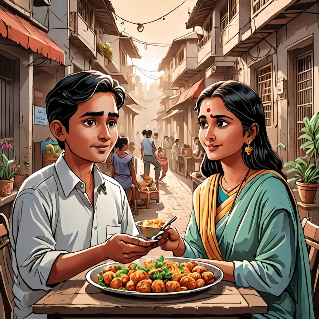 a man and woman are eating food on a street side walk in india, with a woman holding a plate of food, samikshavad, a storybook illustration, Ella Guru, official art