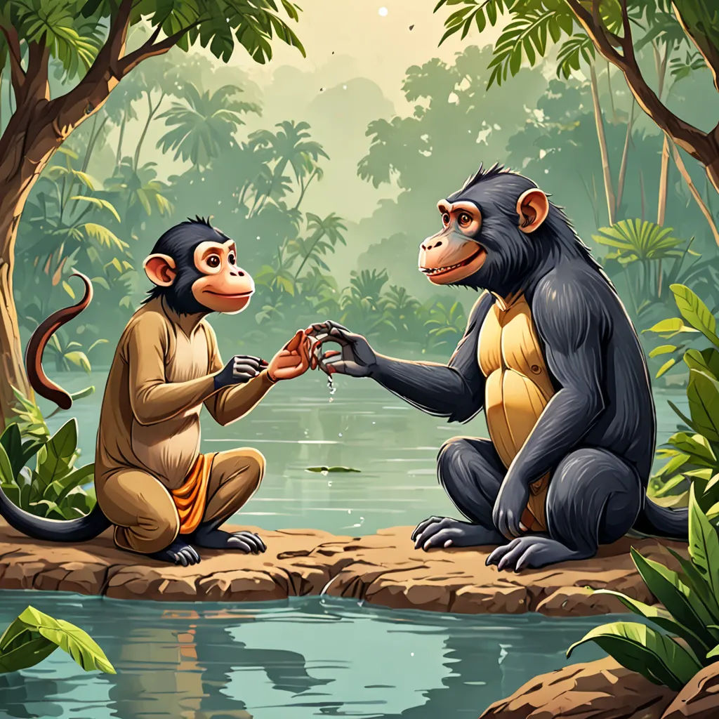 two monkeys sitting on a rock in the jungle exchanging a ring with a person in the foreground,, sumatraism, a storybook illustration, Chris LaBrooy, behance hd