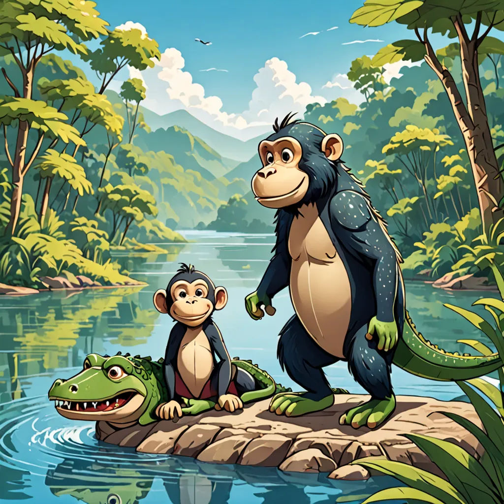 a monkey and a monkey are standing on a rock in the water near a river and a crocodile is sitting on the rock, sumatraism, a storybook illustration, Diego Gisbert Llorens, official art