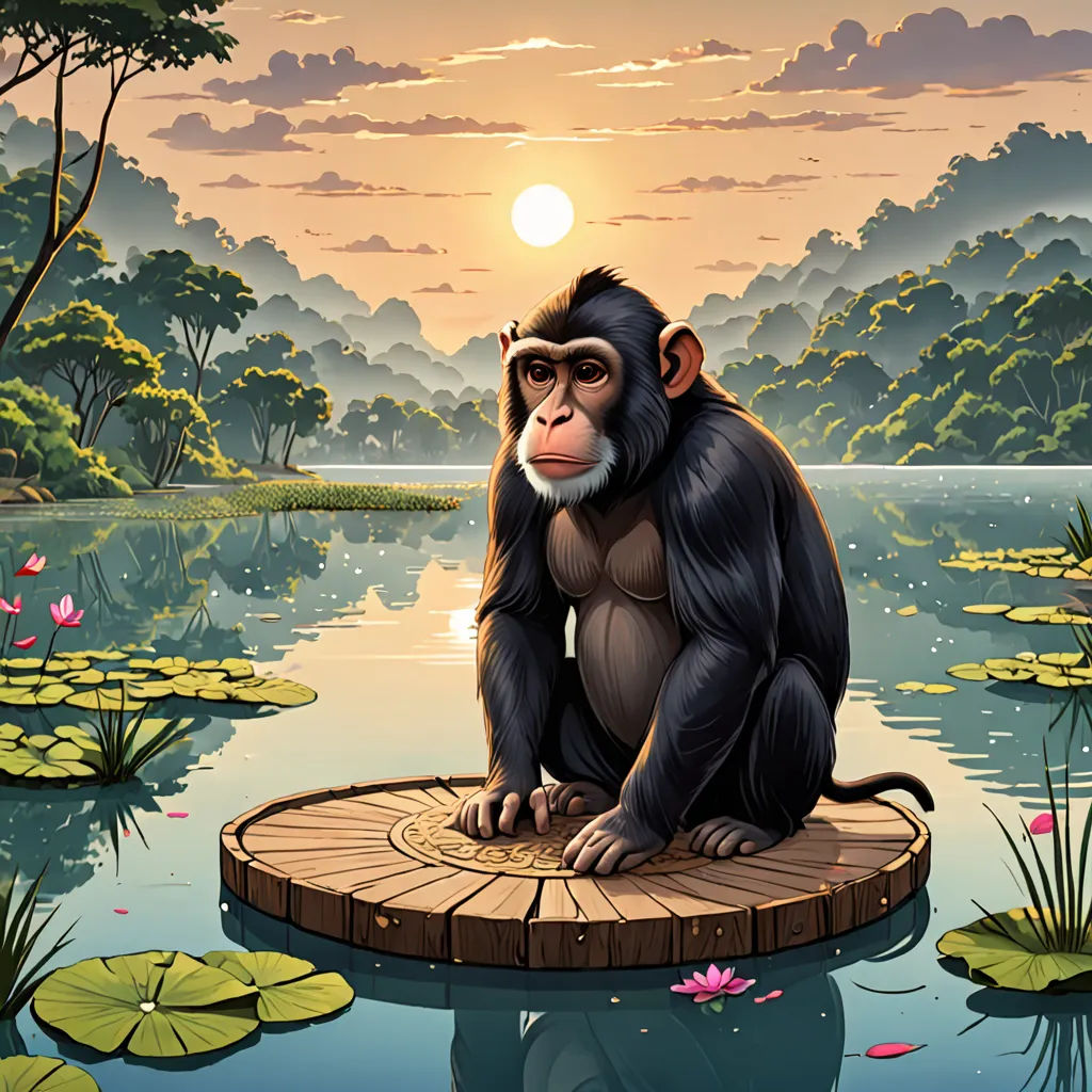 a monkey sitting on a piece of wood in a pond with lily pads and a sunset in the background, naturalism, a character portrait, Chris LaBrooy, 2 d game art