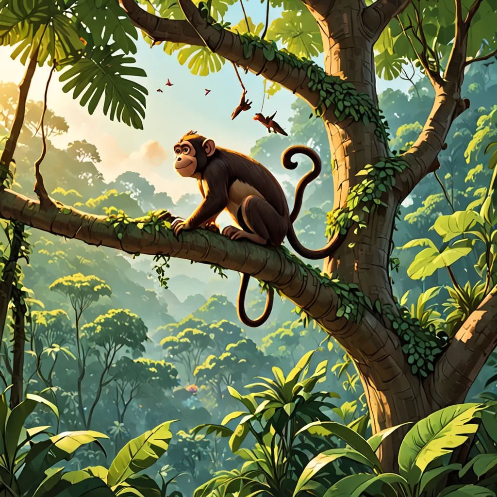 a monkey sitting on a tree branch in a jungle with birds flying around it and a bird flying above it, primitivism, a detailed matte painting, Chris LaBrooy, rossdraws global illumination