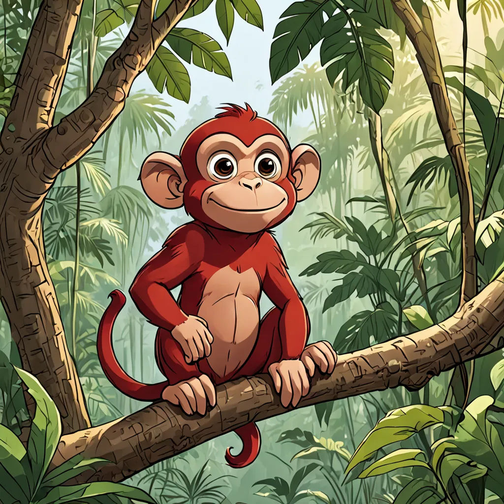 a monkey sitting on a tree branch in a jungle with lots of leaves and plants around it, with a smiling face, sumatraism, a storybook illustration, Diego Gisbert Llorens, jungle