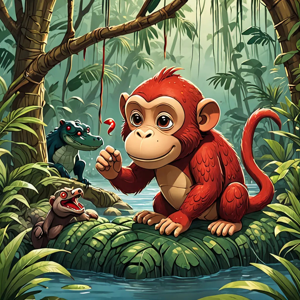 a monkey and a lizard are in the jungle by a river and a tree with a frog on it, sumatraism, a storybook illustration, Chris LaBrooy, highly detailed digital painting
