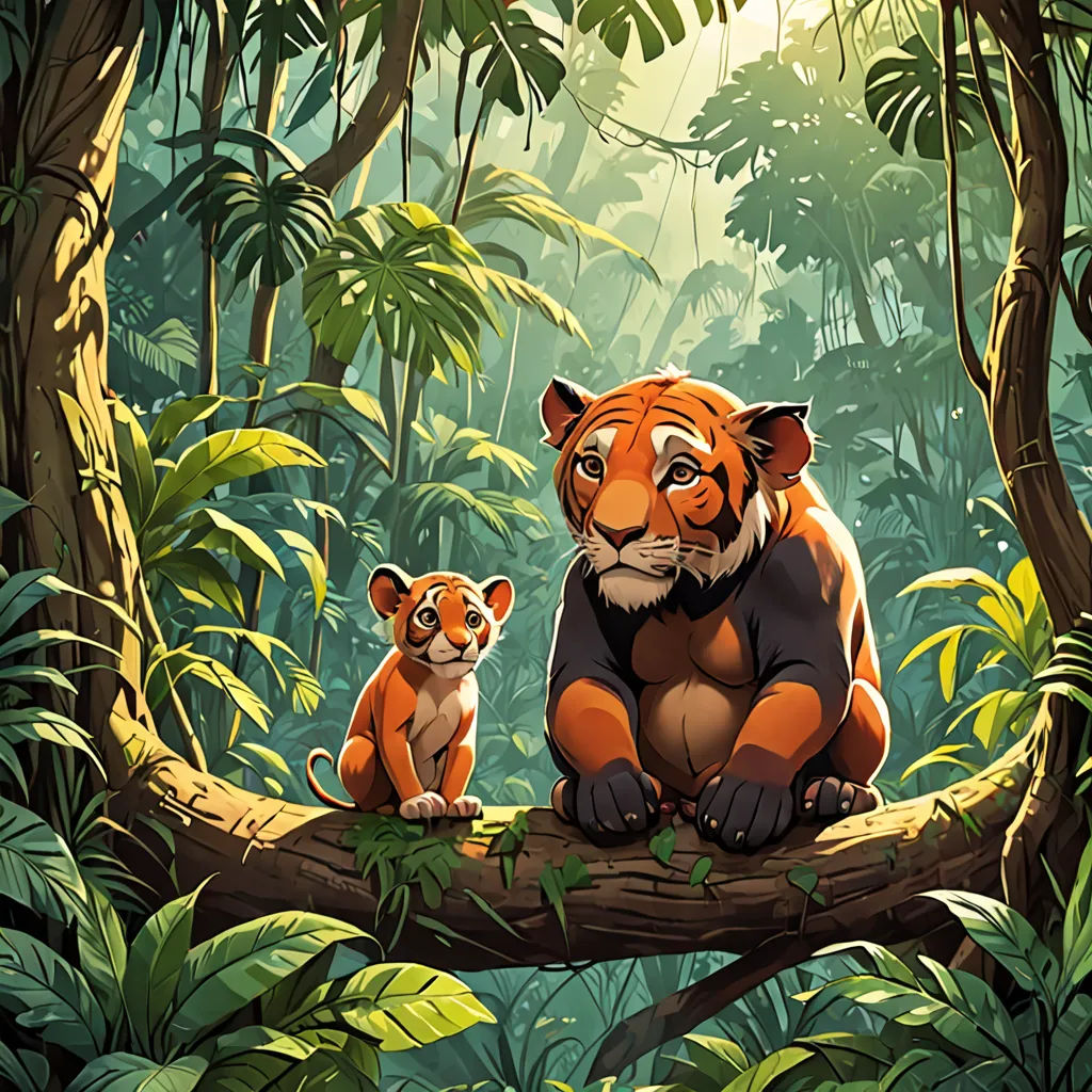 a tiger and a cub sitting on a tree branch in a jungle setting with a sunbeam in the background, bengal school of art, a storybook illustration, Brothers Hildebrandt, official art