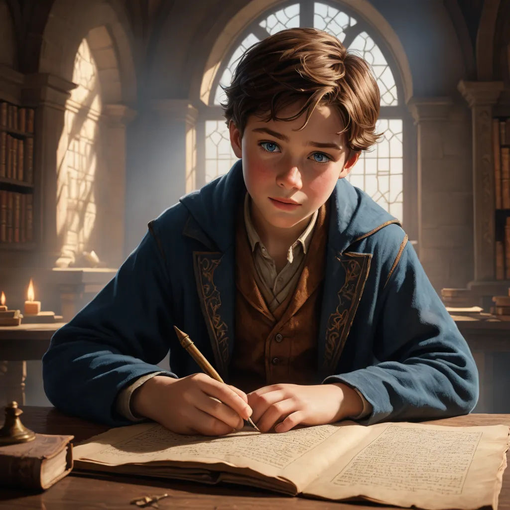 a boy sitting at a table with a book and pen in his hand and a book in front of him, fantasy art, a detailed matte painting, Clint Cearley, rossdraws global illumination