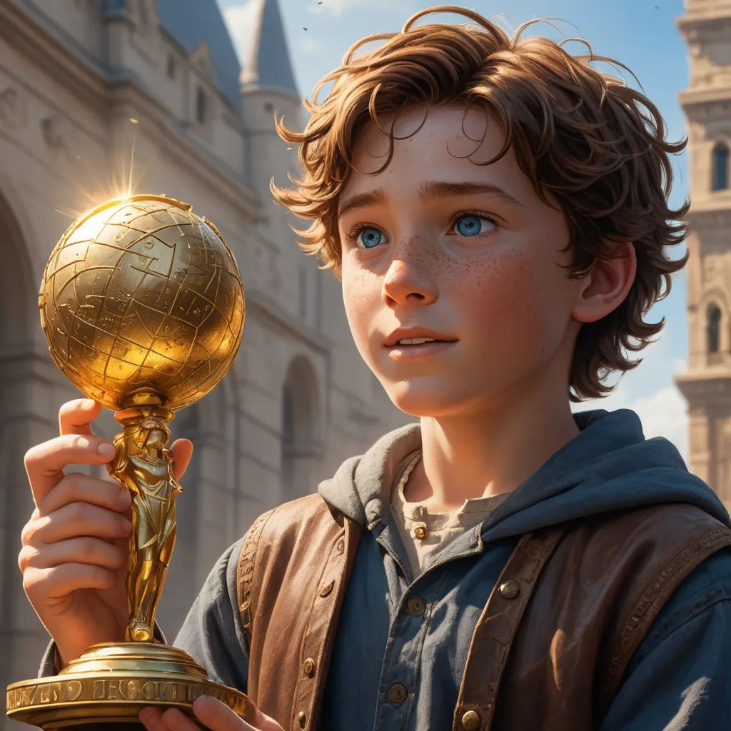 a boy holding a golden trophy in front of a castle like building with a clock tower in the background, photorealism, a 3D render, Clint Cearley, rossdraws global illumination