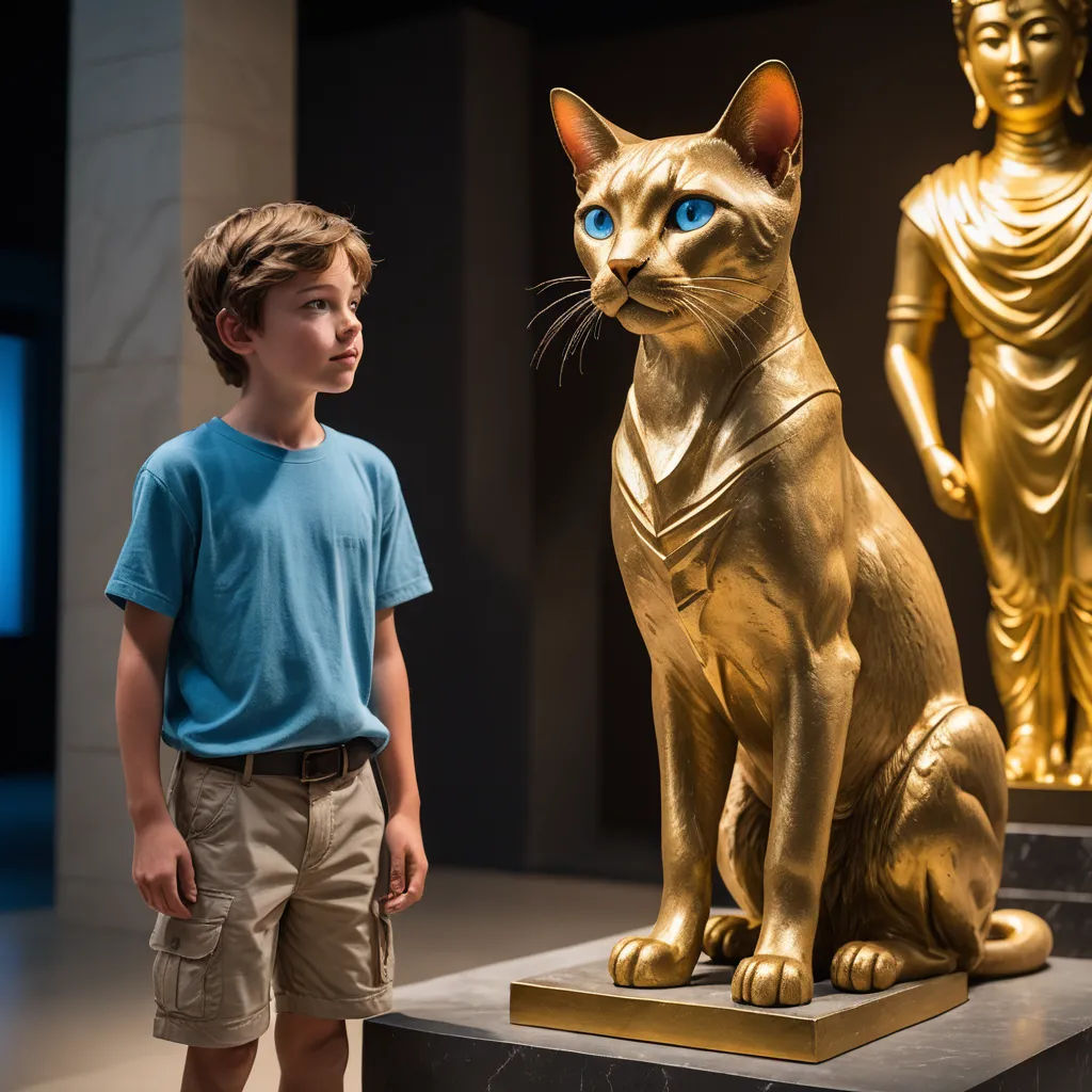 a young boy standing next to a golden cat statue in a museum setting with buddha statues behind him and a cat statue behind him, art & language, a bronze sculpture, Felix Octavius Carr Darley, promotional image
