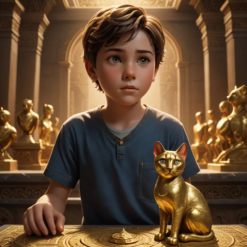 a boy with a cat statue in front of him in a museum setting with golden statues behind him and a golden cat statue in front of him, sots art, a character portrait, Clint Cearley, rossdraws global illumination
