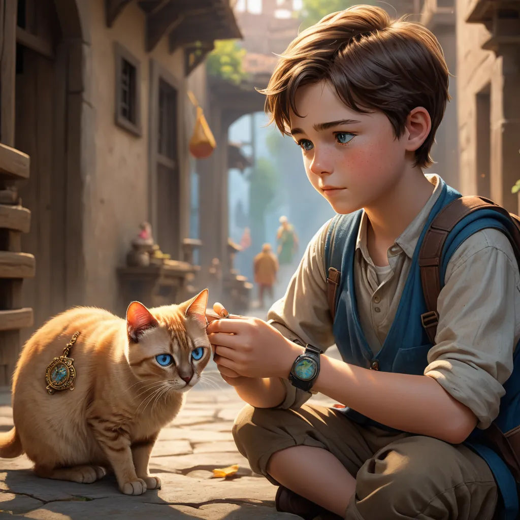 a boy is petting a cat on the street in a scene from the animated movie the secret life of pets, photorealism, a storybook illustration, Clint Cearley, rossdraws global illumination