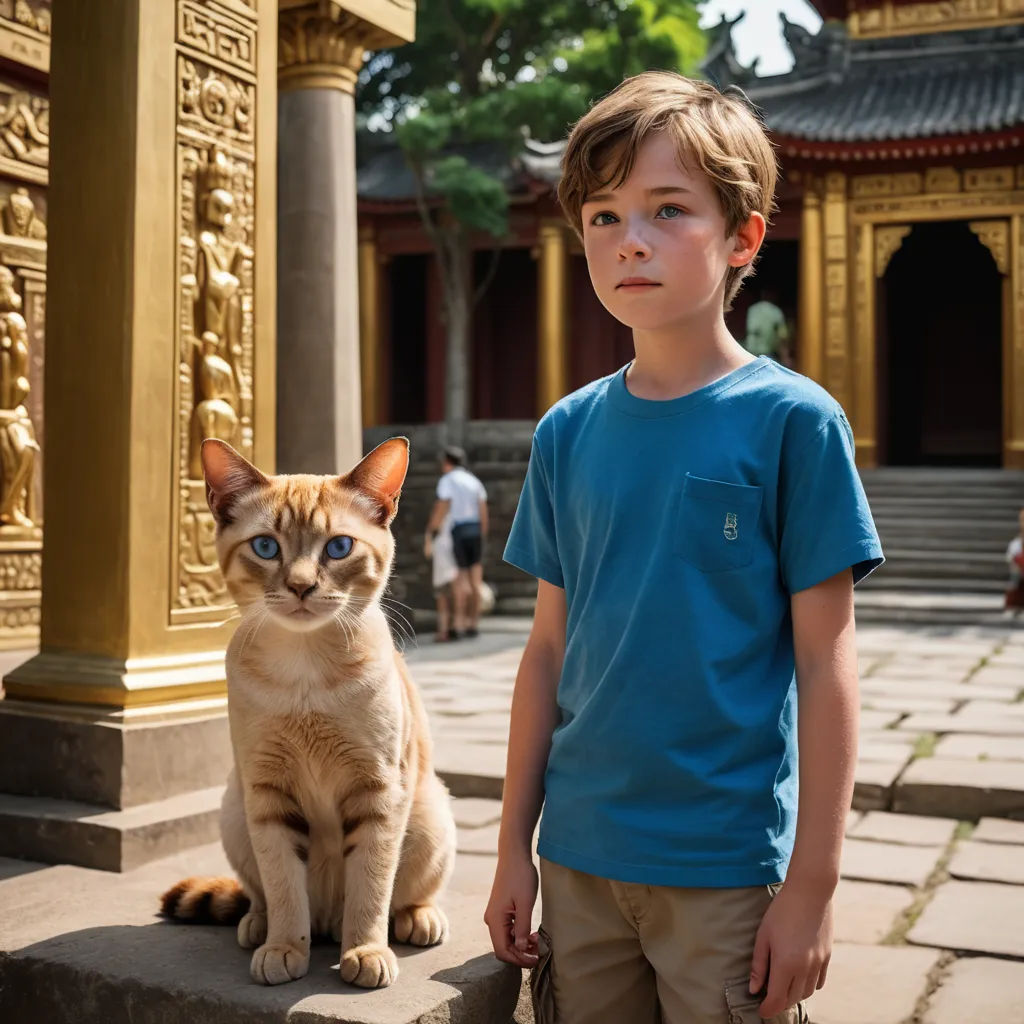 a boy standing next to a cat on a stone step in front of a building with a golden gate, cloisonnism, a character portrait, Fan Kuan, promotional image