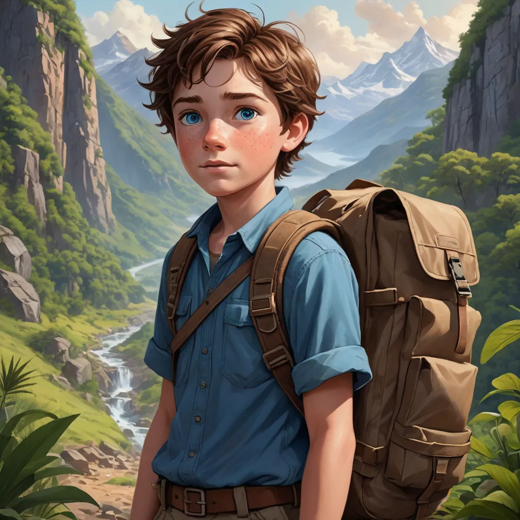 a boy with a backpack standing in front of a mountain landscape with a stream running through it and a waterfall in the distance, fantasy art, a character portrait, Aaron Jasinski, cushart krenz