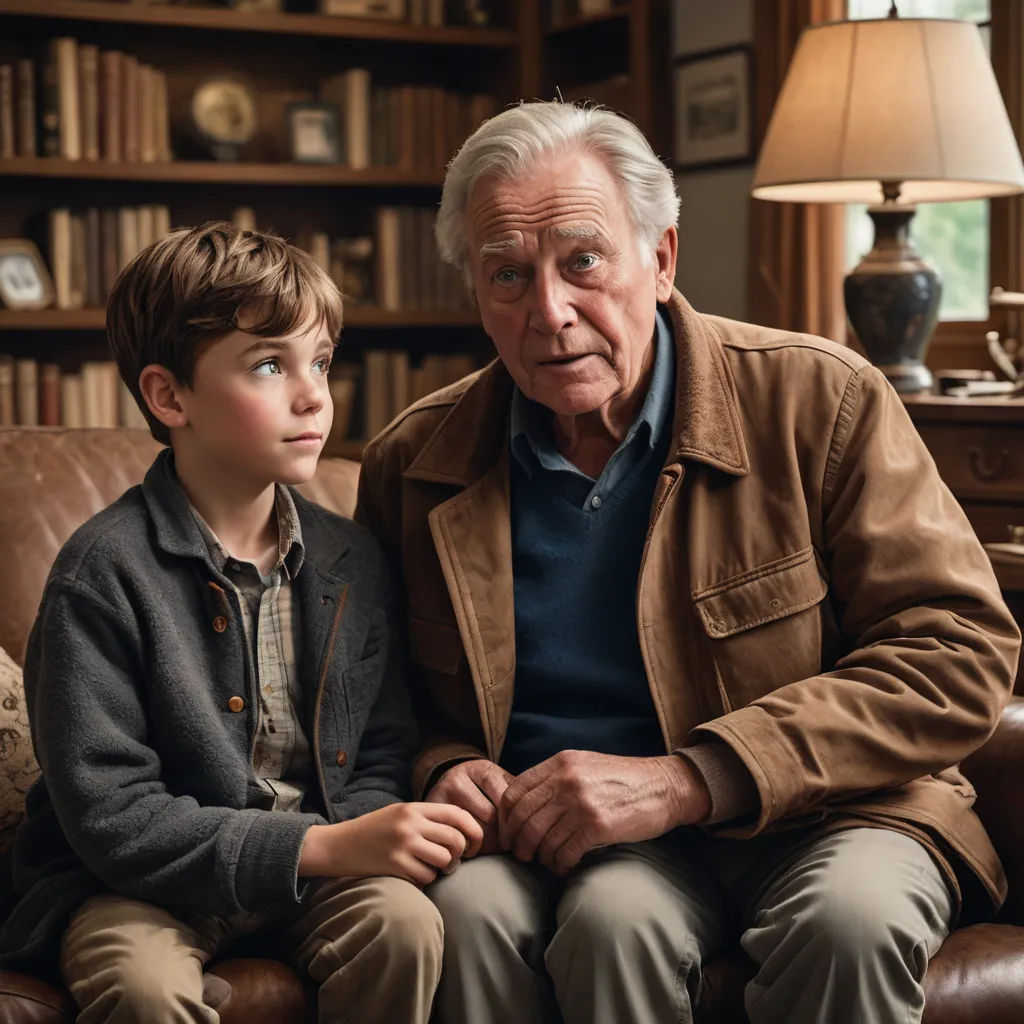 an older man and a young boy sitting on a couch in a library with a lamp on the side, art & language, a still life, David Brewster, movie still
