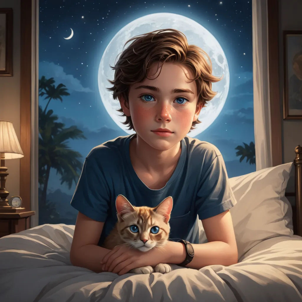 a boy laying in bed with a cat in his lap and a full moon in the background with palm trees, fantasy art, a storybook illustration, Aaron Jasinski, highly detailed digital painting