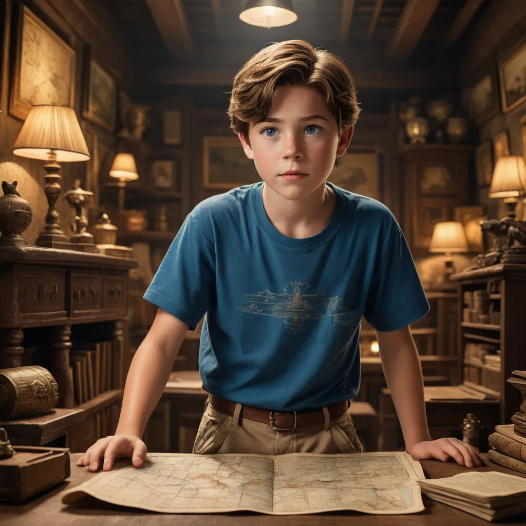 a boy is sitting at a table with a book in front of him and a lamp above him in a room with many books, photorealism, a character portrait, Adam Rex, promotional image