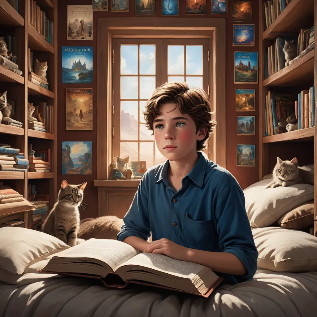 a boy sitting on a bed with a book in front of him and a cat sitting on the bed, fantasy art, a storybook illustration, Chris LaBrooy, highly detailed digital painting