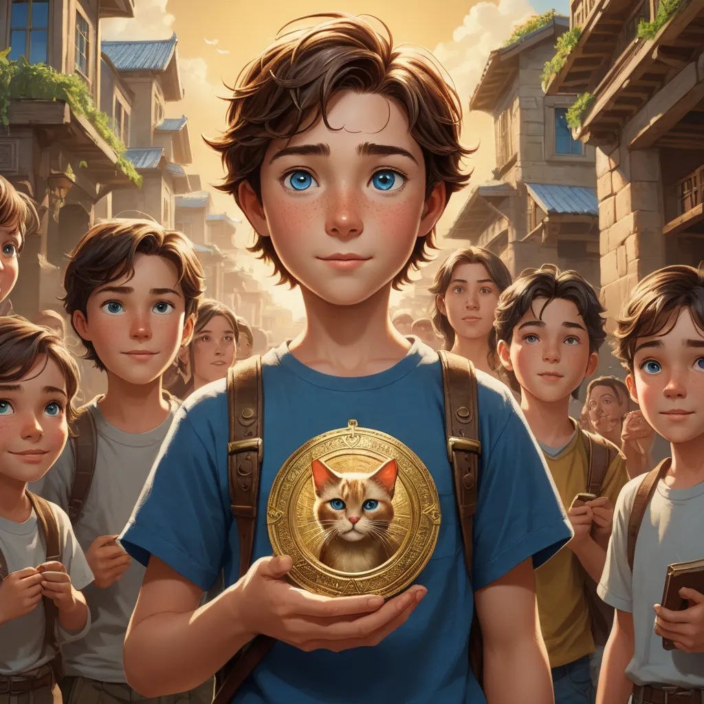 a boy holding a cat in front of a group of children in a city street with a golden medallion, magical realism, a storybook illustration, Clint Cearley, rossdraws global illumination