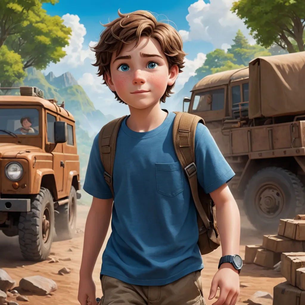 a boy in a blue shirt and a brown truck and trees and rocks and dirt area with a mountain in the background, photorealism, poster art, Cliff Childs, rossdraws global illumination