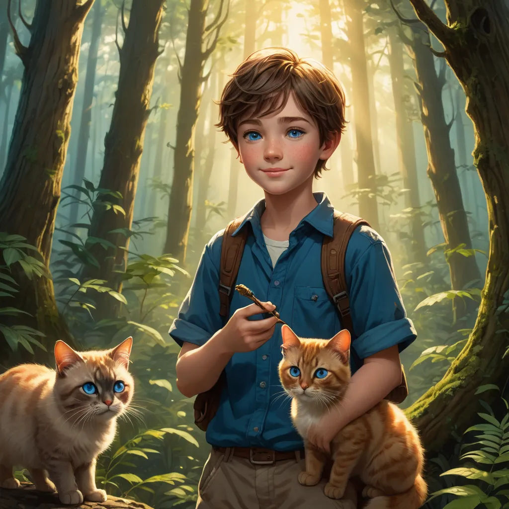 a boy holding a cat in a forest with two cats on his lap and a cat on his shoulder, furry art, a character portrait, Aaron Jasinski, rossdraws global illumination