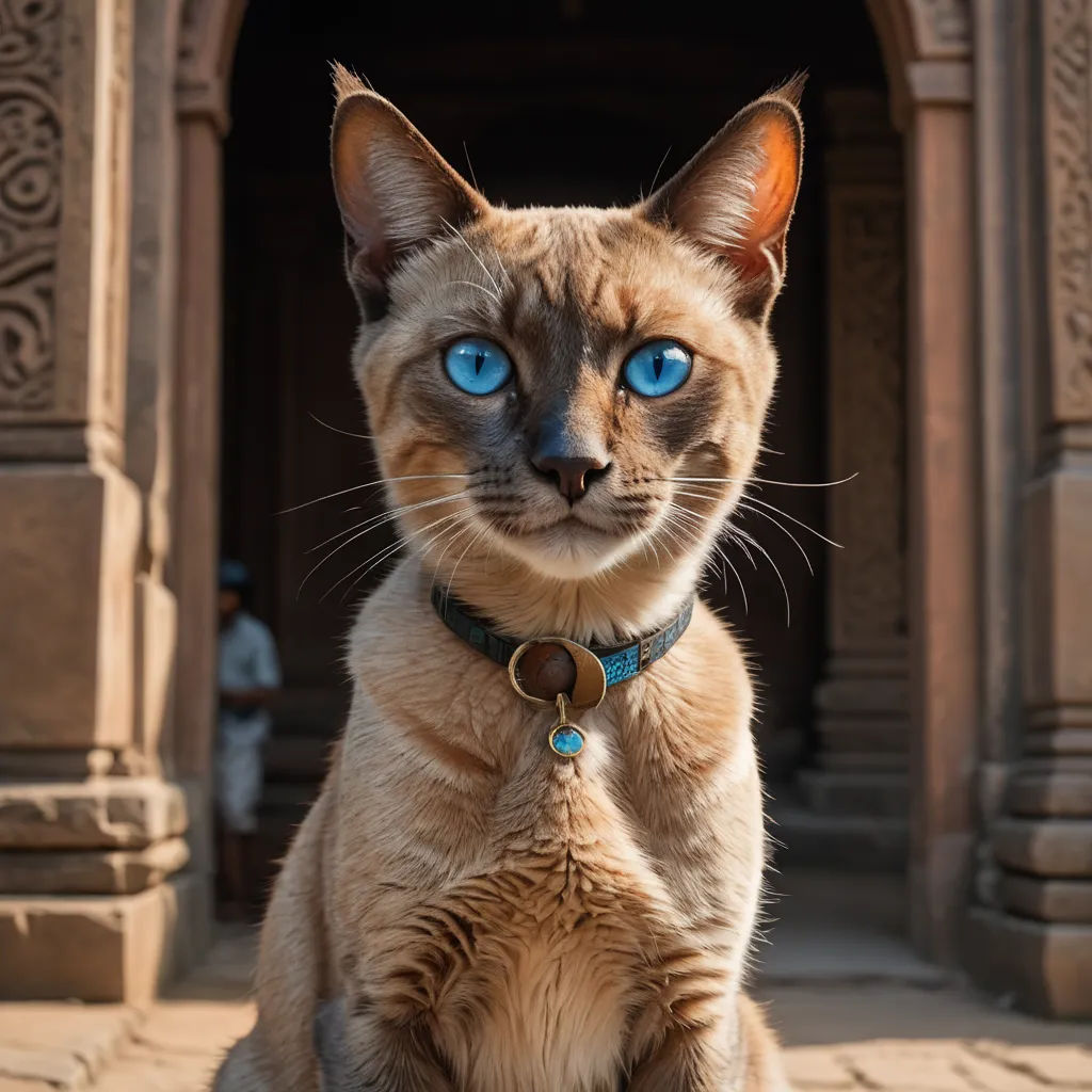 a cat with blue eyes sitting on a stone floor in front of a doorway with a brick walkway and a doorway, sumatraism, a statue, Elke Vogelsang, symmetrical eyes