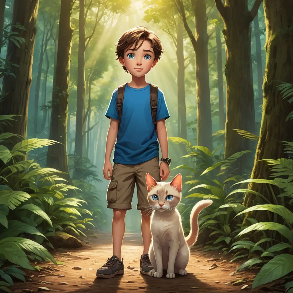 a boy standing next to a cat in a forest with sunlight coming through the trees and leaves on the ground, sots art, a storybook illustration, Aaron Jasinski, rossdraws global illumination