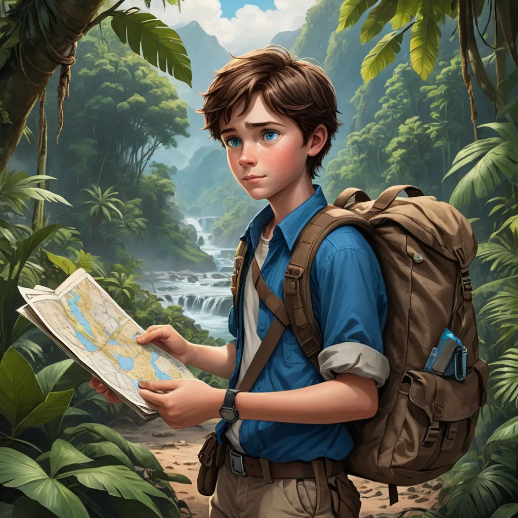 a boy with a backpack is looking at a map in the jungle with a waterfall in the background and a stream running through the jungle, sots art, a character portrait, Aaron Jasinski, rossdraws global illumination