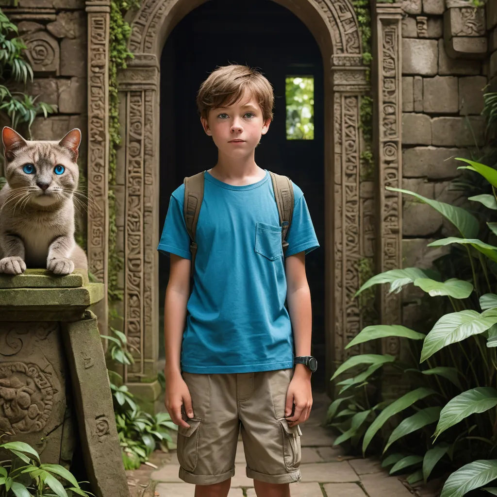 a boy standing in front of a cat in a garden with a cat on his shoulder and a cat on his shoulder, furry art, poster art, Felix-Kelly, promotional image