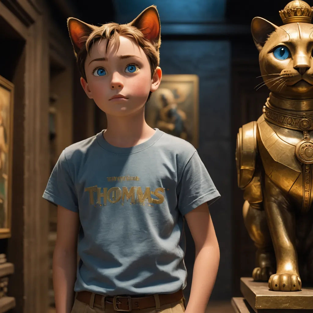 a boy standing next to a cat statue in a museum setting with other statues in the background and a cat statue in the foreground, furry art, a character portrait, Felix-Kelly, promotional image