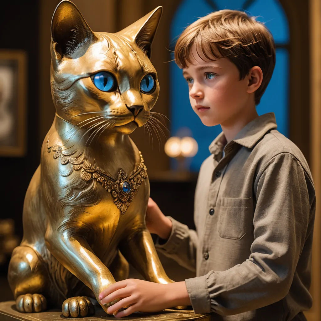 a boy standing next to a gold cat statue with blue eyes and a blue - eyed cat on it, cloisonnism, a character portrait, Felix Octavius Carr Darley, promotional image