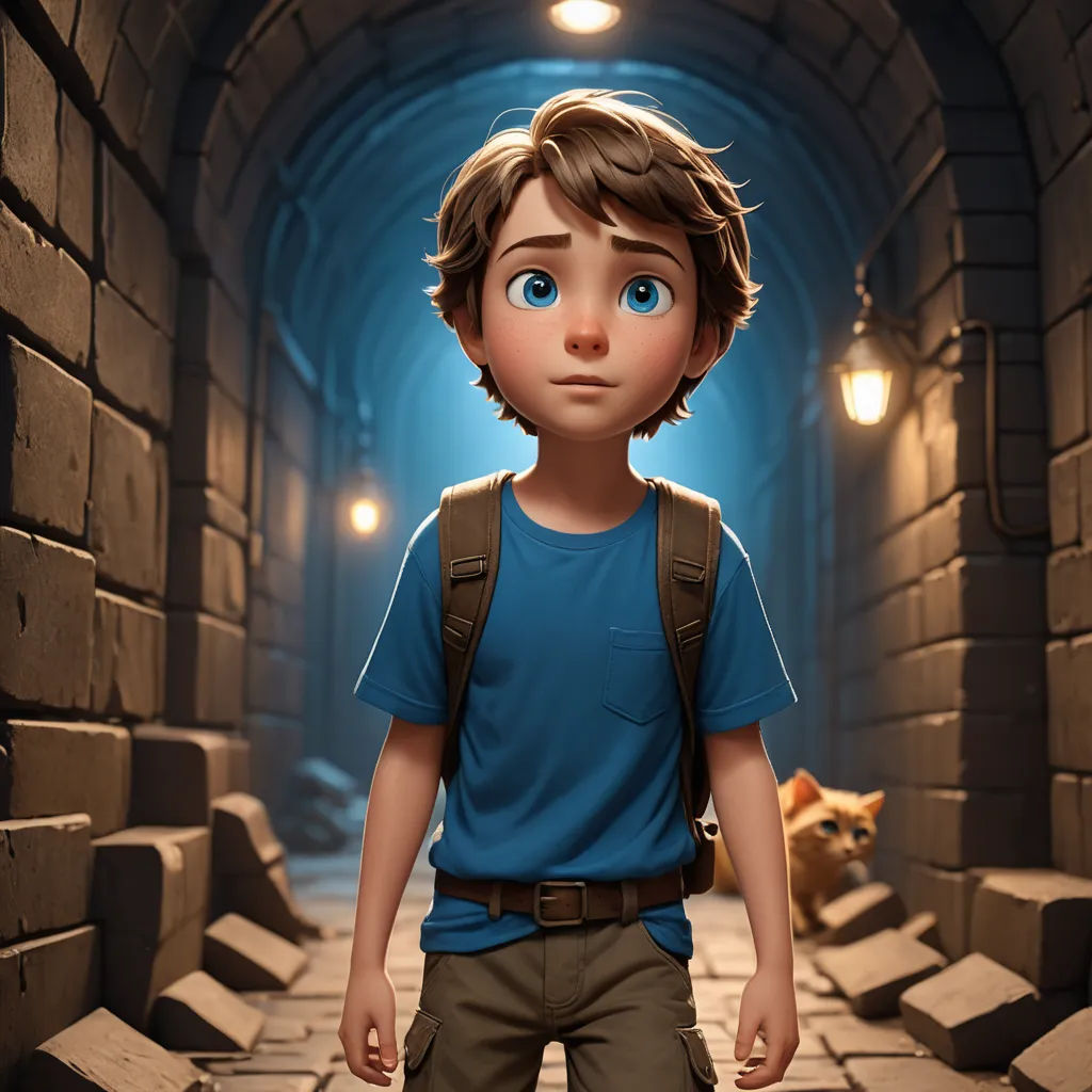 a boy with a backpack is walking through a tunnel with a cat on the other side of the tunnel, photorealism, concept art, Cliff Childs, unreal engine highly rendered