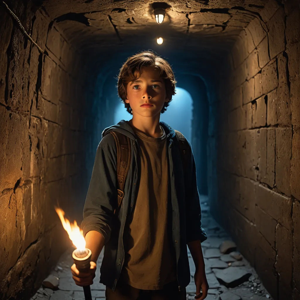a boy holding a lit candle in a dark tunnel with a light on the end of the tunnel and a light on the end of the tunnel, symbolism, a poster, Christopher Perkins, promotional image