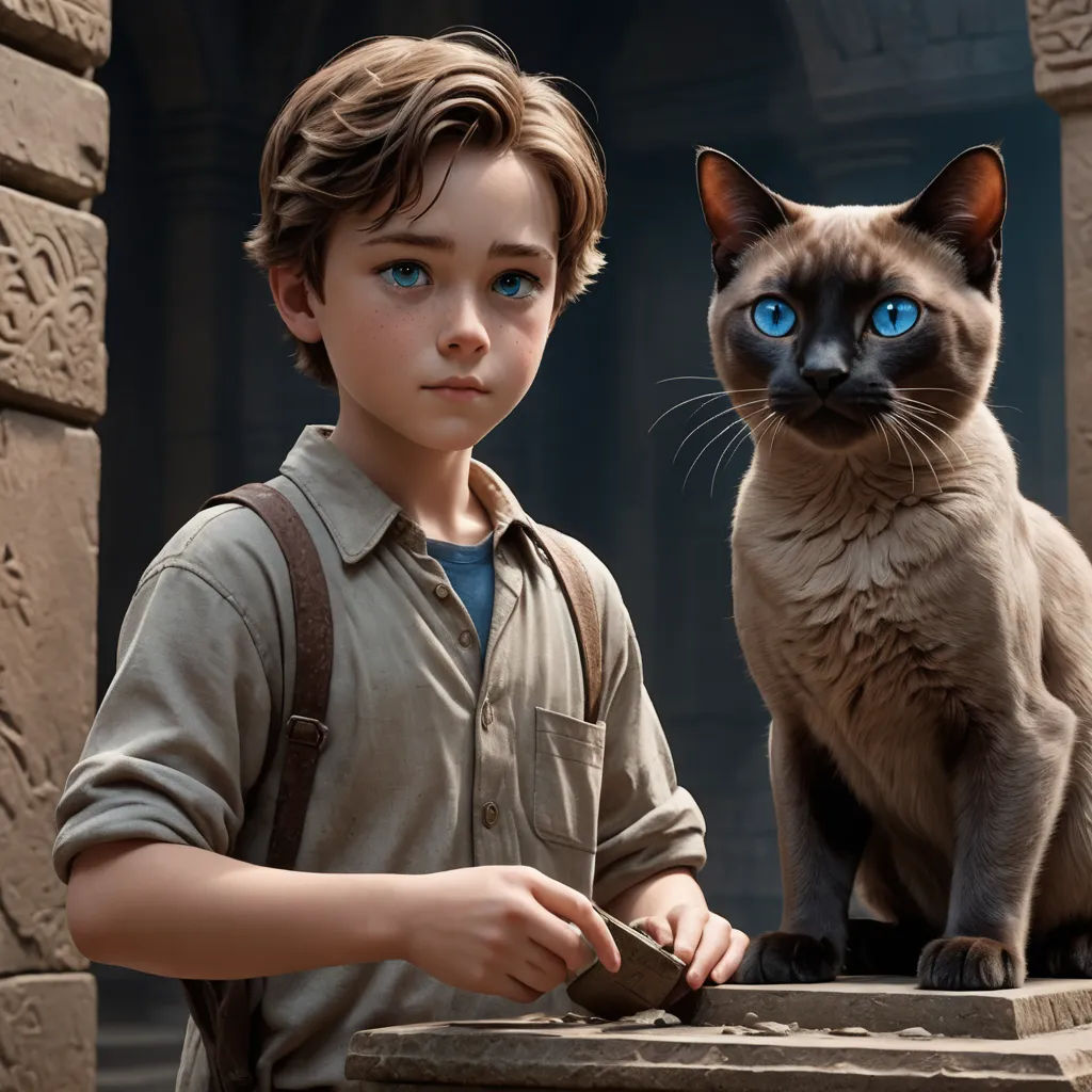 a boy with a cat on his shoulder and a cat on his shoulder, standing next to him, in front of a stone wall, photorealism, a character portrait, Cliff Childs, promotional image