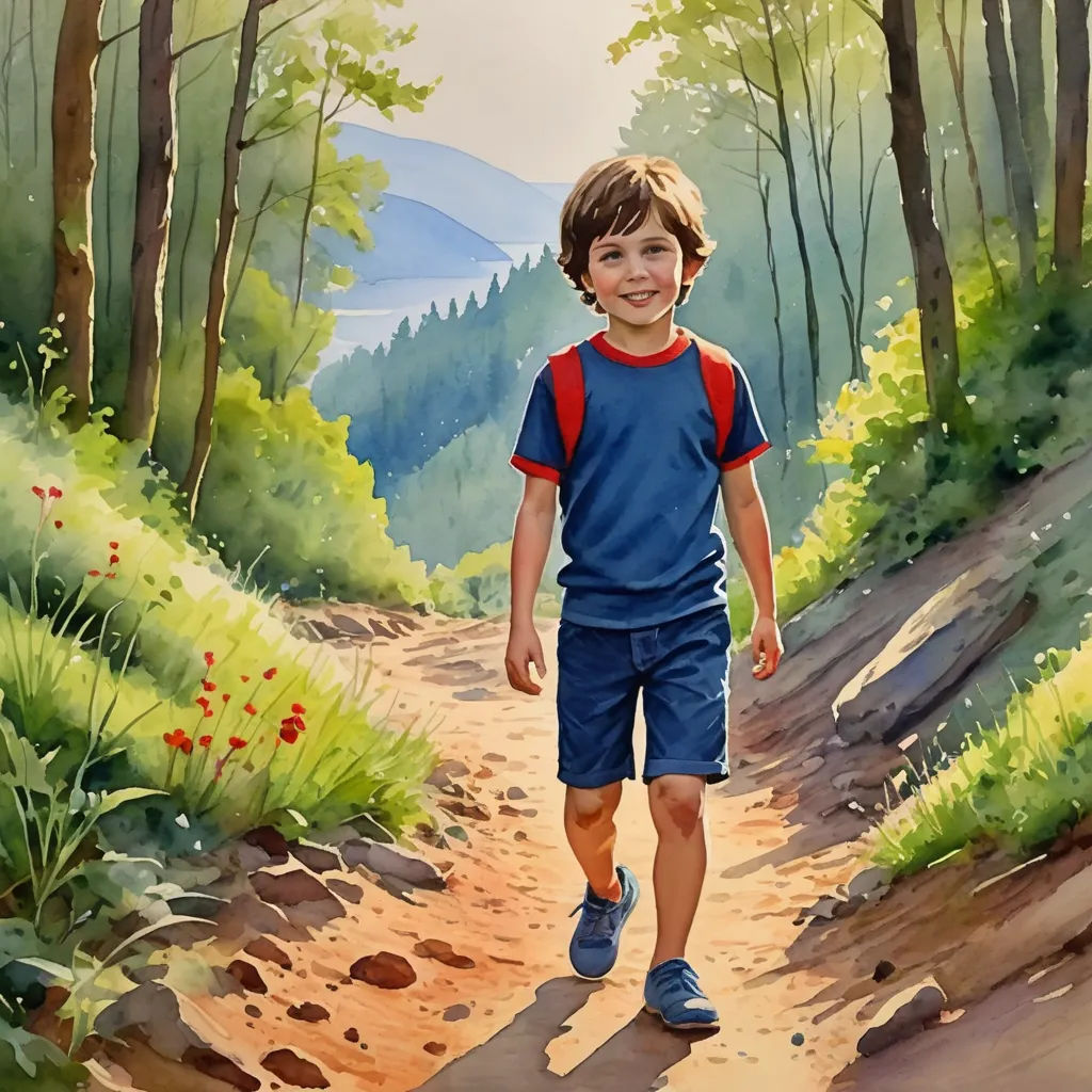 a painting of a boy walking down a dirt path in the woods with a red backpack on his back, photorealism, a storybook illustration, Aaron Jasinski, professional digital painting