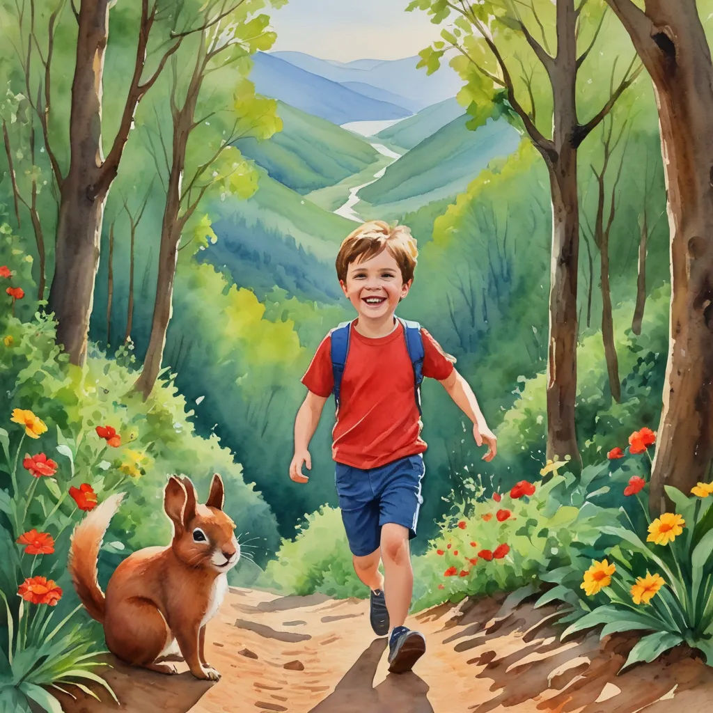 a painting of a boy running down a path with a dog in the background and a mountain scene in the background, magic realism, a storybook illustration, Aaron Jasinski, storybook illustration