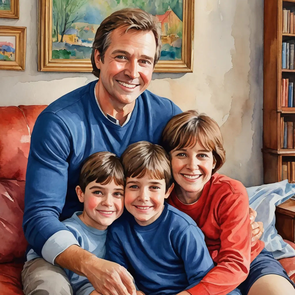 a painting of a man and two children sitting on a couch with a man in a blue shirt and two boys in red shirts, american scene painting, a storybook illustration, F Scott Hess, highly detailed digital painting